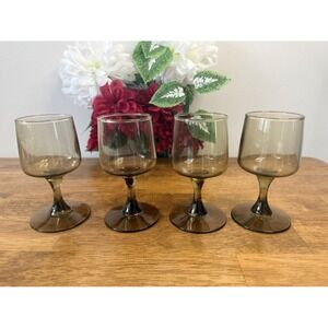 Vintage Smokey Brown Wine Glasses‎ Footed Stemware Set MCM Barware Retro